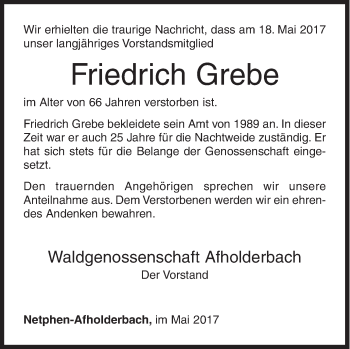 Traueranzeige von Friedrich Grebe von Siegener Zeitung