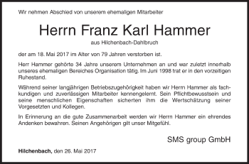 Traueranzeige von Franz Karl Hammer von Siegener Zeitung