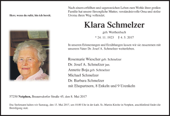 Traueranzeige von Klara Schmelzer von Siegener Zeitung