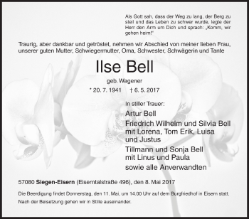 Traueranzeige von Ilse Bell von Siegener Zeitung