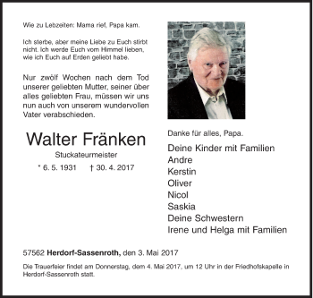 Traueranzeige von Walter Fränken von Siegener Zeitung