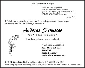 Traueranzeige von Andreas Schuster von Siegener Zeitung