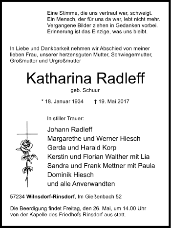 Traueranzeige von Katharina Radleff von Siegener Zeitung