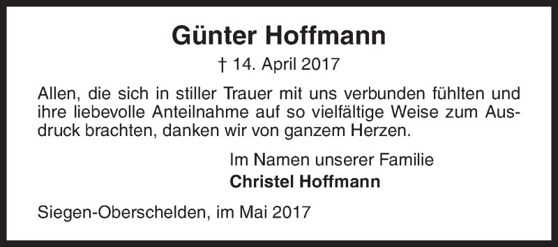  Traueranzeige für Günter Hoffmann vom 27.05.2017 aus Siegener Zeitung