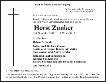 Traueranzeige von Horst Zunker von Siegener Zeitung