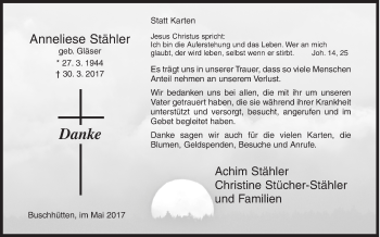 Traueranzeige von Anneliese Stähler von Siegener Zeitung