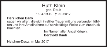 Traueranzeige von Ruth Klein von Siegener Zeitung