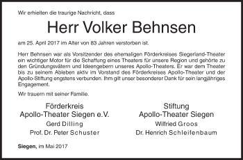 Traueranzeige von Volker Behnsen von Siegener Zeitung