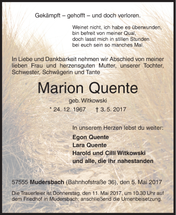 Traueranzeige von Marion Quente von Siegener Zeitung