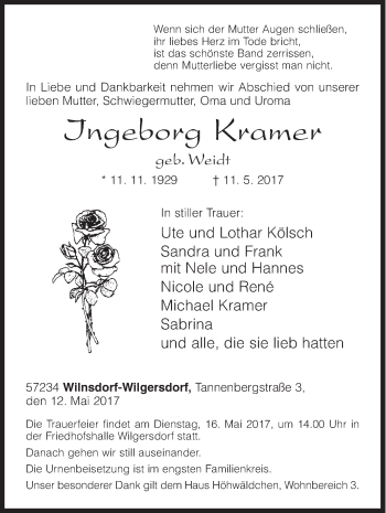 Traueranzeige von Ingeborg Kramer von Siegener Zeitung