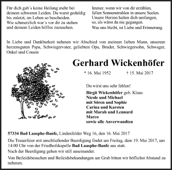 Traueranzeige von Gerhard Wickenhöfer von Siegener Zeitung