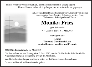 Traueranzeige von Monika Fries von Siegener Zeitung
