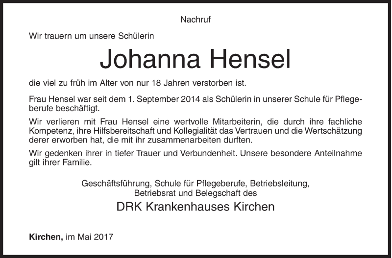  Traueranzeige für Johanna Hensel vom 09.05.2017 aus Siegener Zeitung