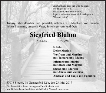 Traueranzeige von Siegfried Bluhm von Siegener Zeitung
