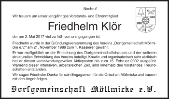 Traueranzeige von Friedhelm Klör von Siegener Zeitung