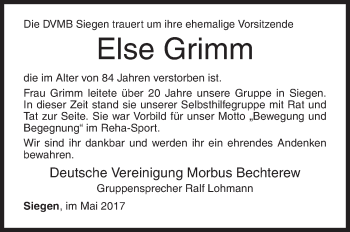 Traueranzeige von Else Grimm von Siegener Zeitung