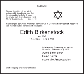 Traueranzeige von Edith Birkenstock von Siegener Zeitung