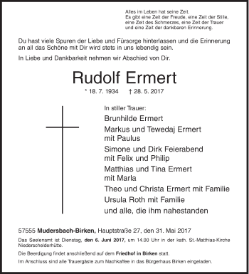 Traueranzeige von Rudolf Ermert von Siegener Zeitung