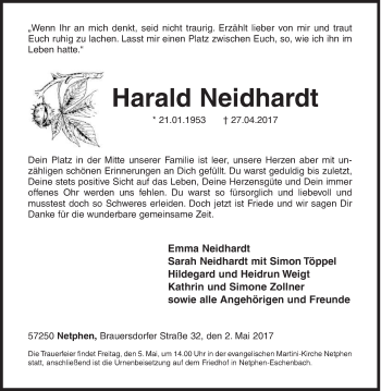Traueranzeige von Harald Neidhardt von Siegener Zeitung