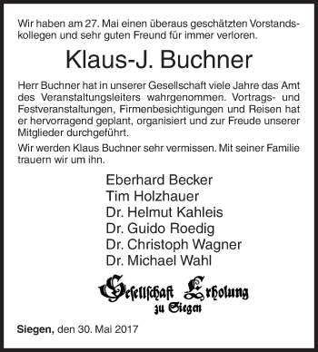 Traueranzeige von Klaus Buchner von Siegener Zeitung