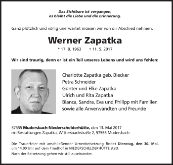 Traueranzeige von Werner Zapatka von Siegener Zeitung