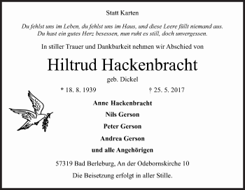Traueranzeige von Hiltrud Hackenbracht von Siegener Zeitung
