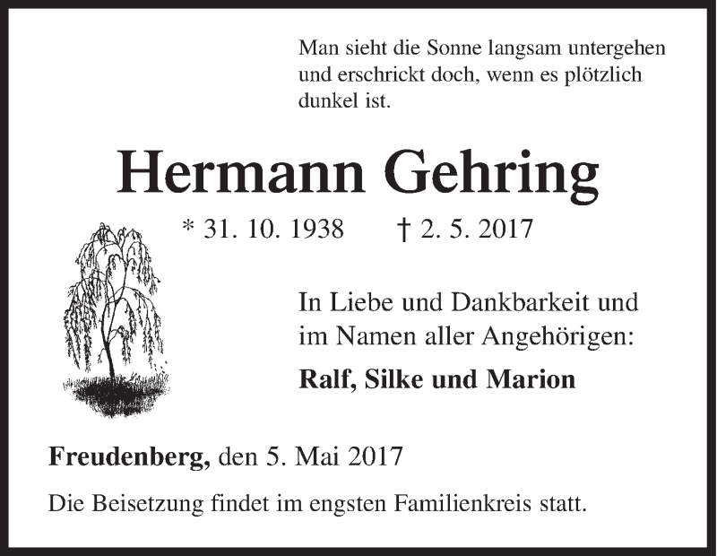  Traueranzeige für Hermann Gehring vom 05.05.2017 aus Siegener Zeitung