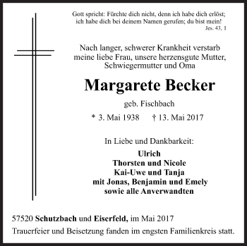 Traueranzeige von Margarete Becker von Siegener Zeitung