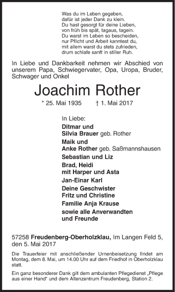 Traueranzeige von Joachim Rother von Siegener Zeitung