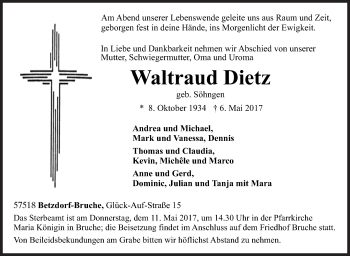 Traueranzeige von Waltraud Dietz von Siegener Zeitung