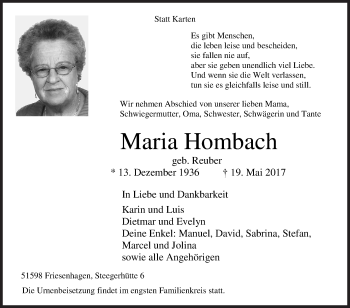 Traueranzeige von Maria Hornbach von Siegener Zeitung