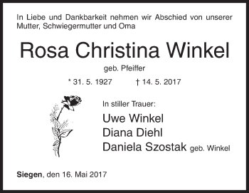 Traueranzeige von Rosa Christina Winkel von Siegener Zeitung