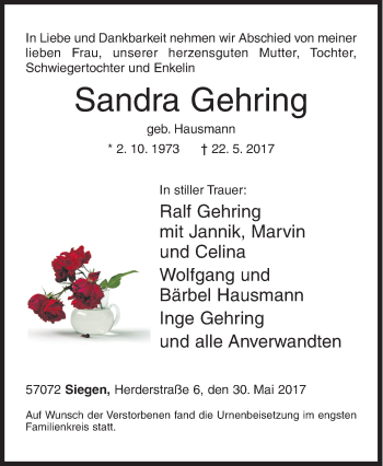 Traueranzeige von Sandra Gehring von Siegener Zeitung