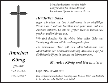 Traueranzeige von Annchen König von Siegener Zeitung