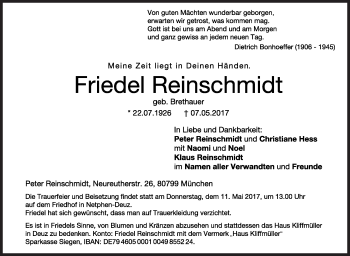 Traueranzeige von Friedel Reinschmidt von Siegener Zeitung