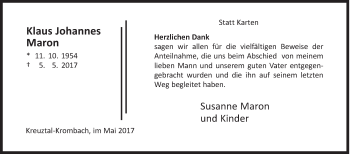 Traueranzeige von Klaus Johannes Maron von Siegener Zeitung
