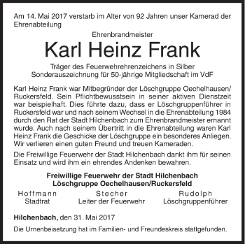 Traueranzeige von Karl Heinz Frank von Siegener Zeitung