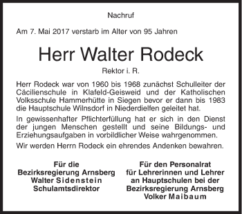 Traueranzeige von Walter Rodeck von Siegener Zeitung