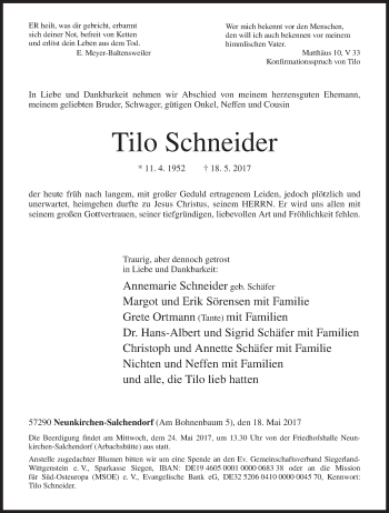 Traueranzeige von Tilo Schneider von Siegener Zeitung