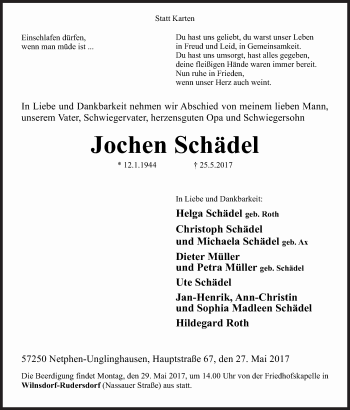 Traueranzeige von Jochen Schädel von Siegener Zeitung