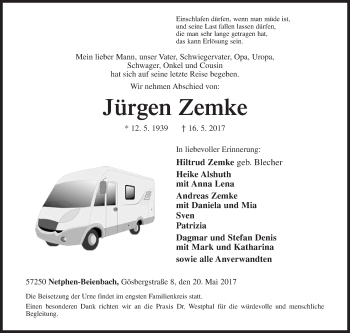 Traueranzeige von Jürgen Zemke von Siegener Zeitung