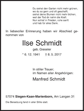 Traueranzeige von Ilse Schmidt von Siegener Zeitung
