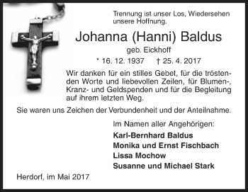 Traueranzeige von Johanna  Baldus von Siegener Zeitung