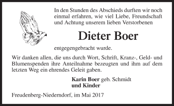 Traueranzeige von Dieter Boer von Siegener Zeitung