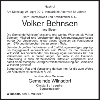 Traueranzeige von Volker Behnsen von Siegener Zeitung