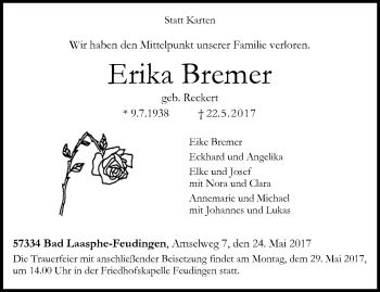 Traueranzeige von Erika Bremer von Siegener Zeitung