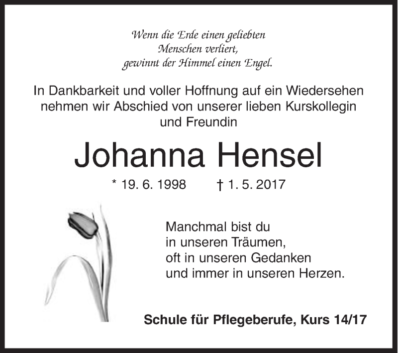  Traueranzeige für Johanna Hensel vom 09.05.2017 aus Siegener Zeitung