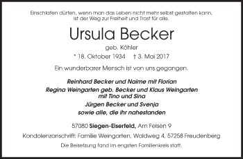 Traueranzeige von Ursula Becker von Siegener Zeitung