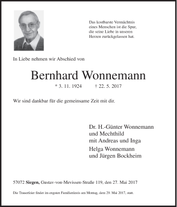 Traueranzeige von Bernhard Wonnemann von Siegener Zeitung