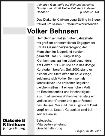 Traueranzeige von Volker Behnsen von Siegener Zeitung